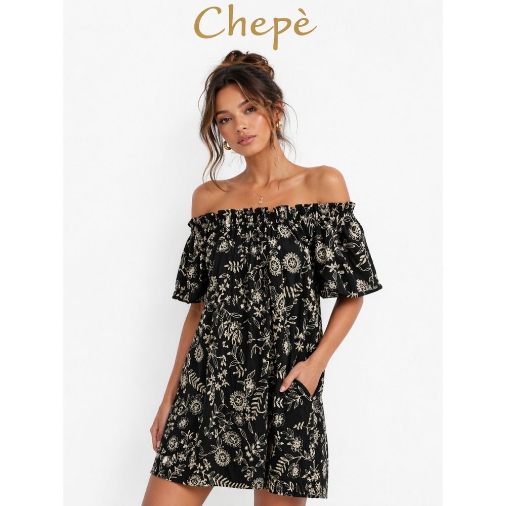 Chepé NWT Black Floral Off Shoulder Dress Italy Boho Romantic Mini Puff Sleeve